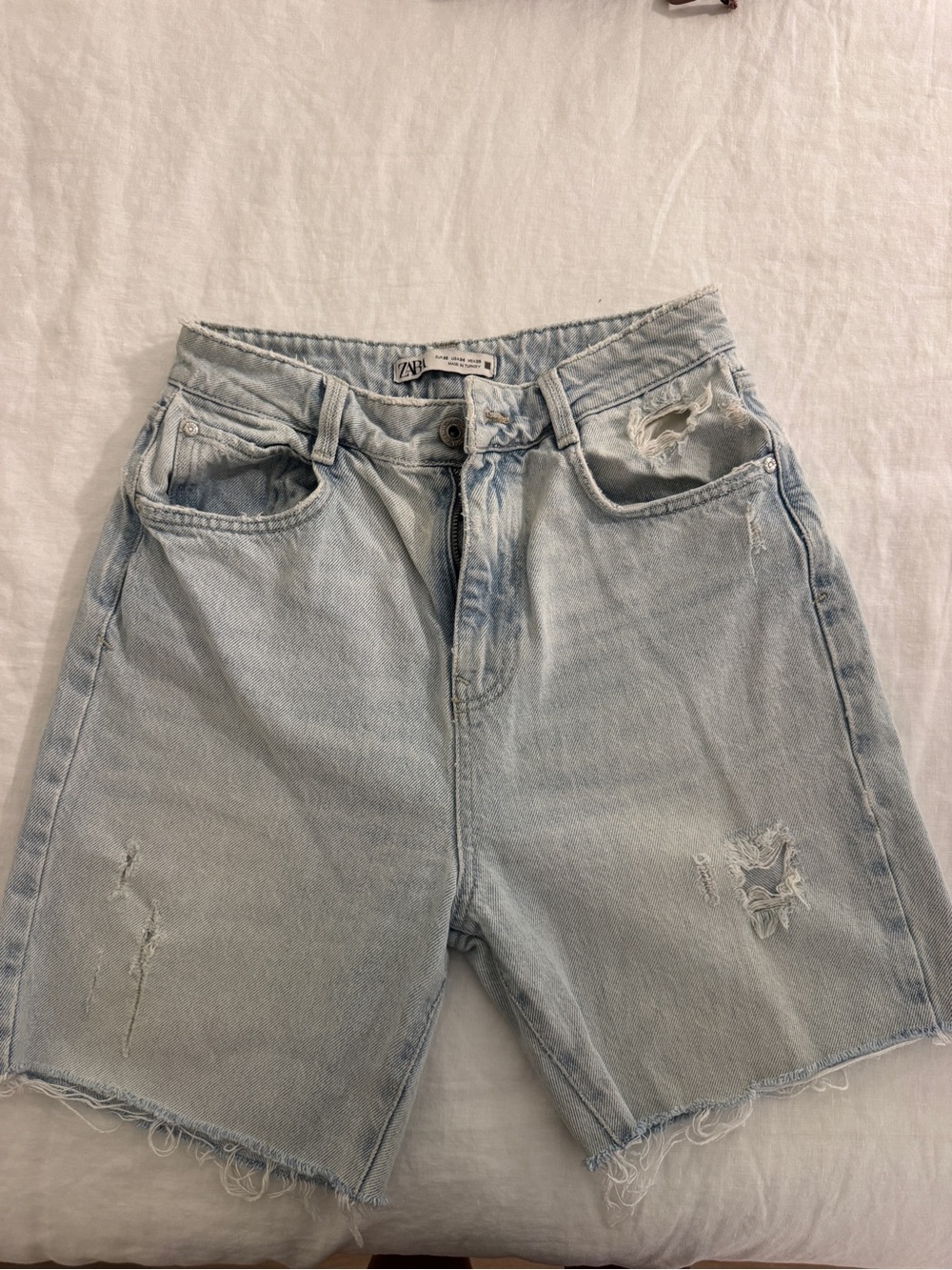 Zara Light Blue Distressed Denim Shorts